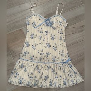 Floral Lace-Trimmed Mini Dress - Cream and Blue